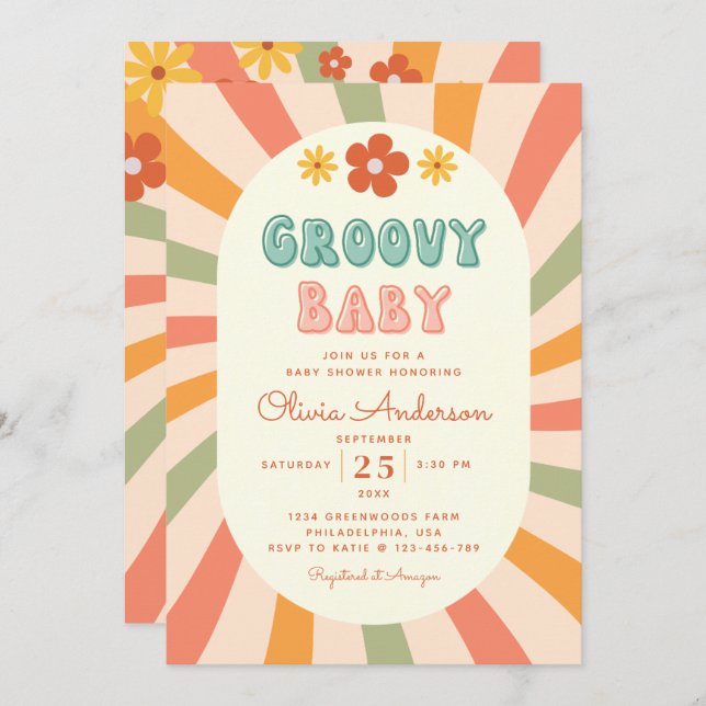 Retro Groovy Wavy Sunshine Flower Baby Shower Invitation (Front/Back)