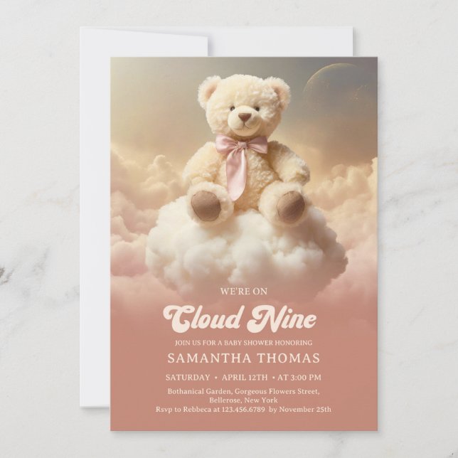 Retro groovy we're on cloud nine teddy bear pink invitation (Front)