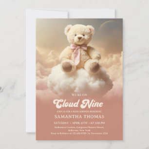 Retro groovy we're on cloud nine teddy bear pink invitation