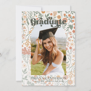 Retro Groovy Wildflower Arch Graduation Photo Invitation
