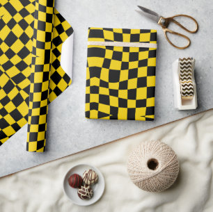 retro groovy yellow wavy checkered wrapping paper