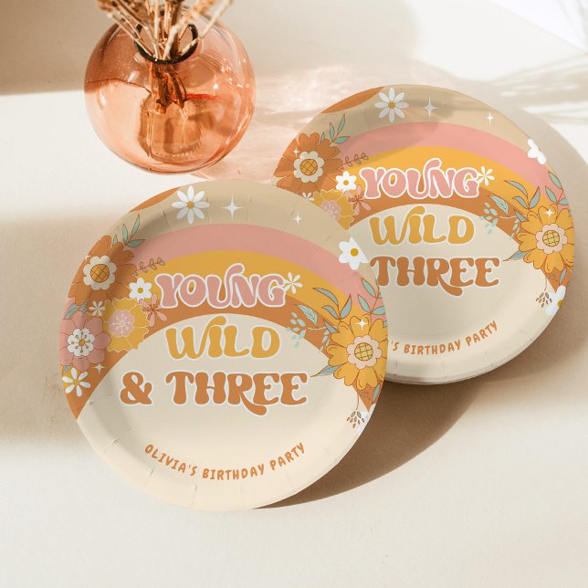 Retro groovy young wild and three birthday paper plate (Creator Uploaded)