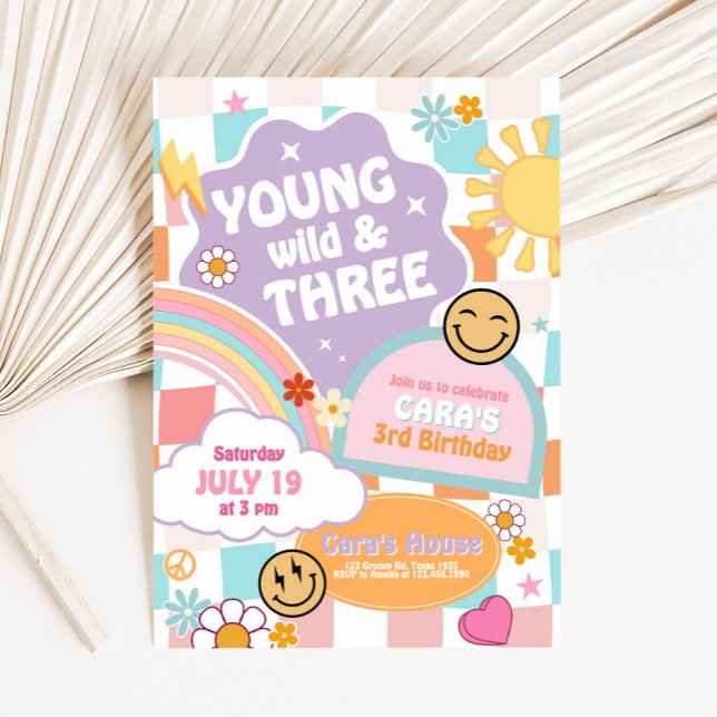 Retro Groovy Young Wild and Three Birthday Party Invitation (Groovy Retro Young Wild and Three Birthday Party Invitation)