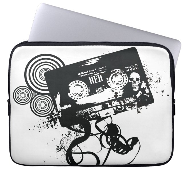 Retro Grunge Audio Tape & Skull Laptop Sleeve (Front)