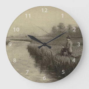 Retro Grunge Fly Fishing Large Clock