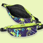 Retro Grunge Paint Splash Monogrammed Blue Cool   Bum Bags<br><div class="desc">Cool distressed fanny pack design features a grunge paint splash pattern in lime green, teal & white on a dark blue background. Customise the space above the zipper with three initials in the fun coordinating dark blue font on a distressed lime green background with the simple-to-use template. Perfect unique useful...</div>