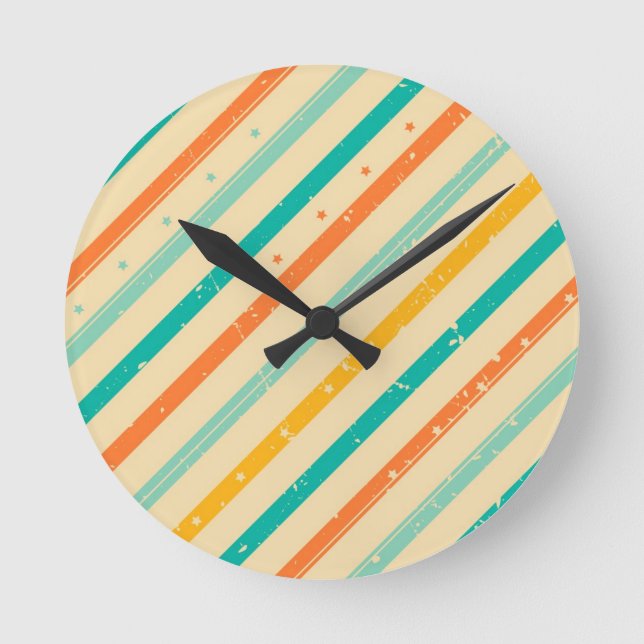 Retro grunge striped pattern round clock (Front)