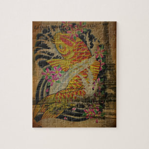 retro grunge vintage japanese koi fish jigsaw puzzle