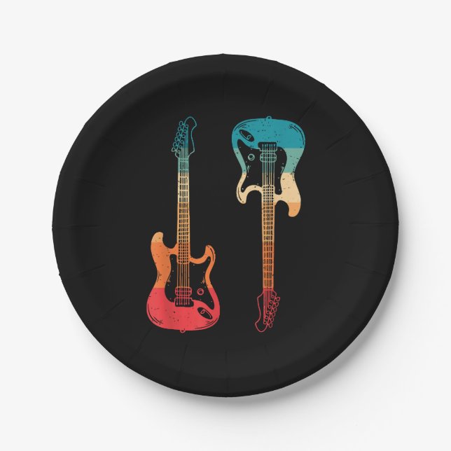 Retro Guitar Guitarist Electric Bass Guitar Rock M Paper Plate (Front)