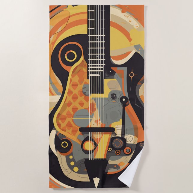 Retro Guitar Illustration Beach Towel (Front)