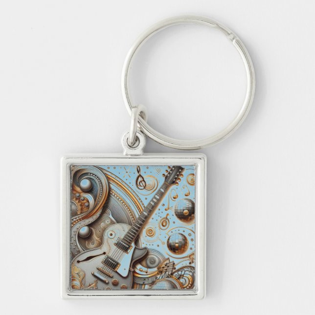 Retro Guitar Metallic Flair Personalised Key Ring (Front)