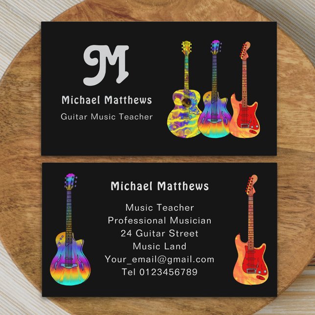 Retro Guitar Music Teacher Custom Business Card (Modern retro guitar music teacher professional musician Business card funky art guitars groovy text)