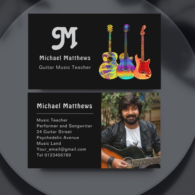 Retro Guitar Music Teacher Custom Photo Business Card (Retro guitar music teacher custom photo business card with vibrant psychedelic guitar illustrations )
