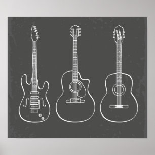 Retro guitar trio musical illustration poster