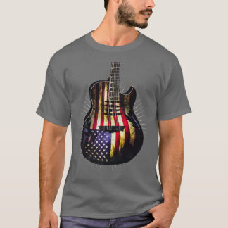 Retro Guitar US Flag Distressed 4th Of July Guitar T-Shirt