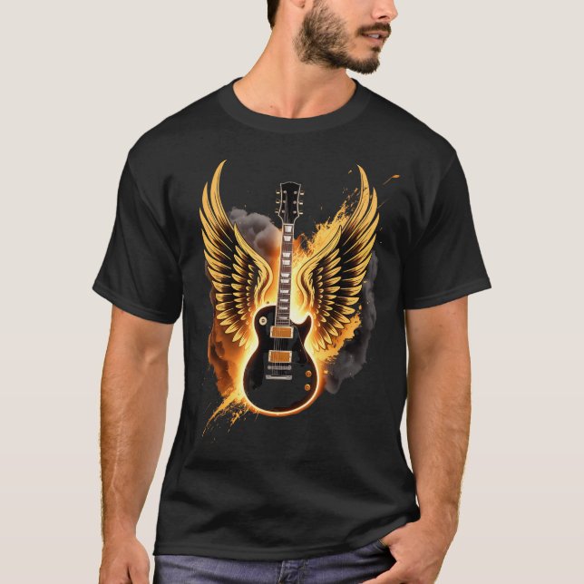 Retro Guitar Wings Abstract Art Rock And Roll Musi T-Shirt (Front)