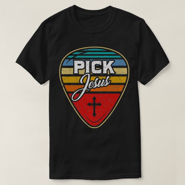 Retro Guitarist Guitar Pick Christian Music Jesus  T-Shirt (Design Front)