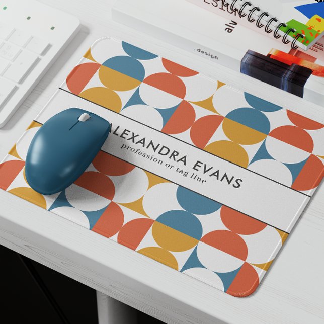 Retro half circle scallop bold blue orange yellow  mouse mat (Customizable Mouse Pad with Name and Profession with vintage retro geometric pattern in blue orange )