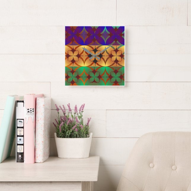 Retro Halftone Geometric Starburst Pattern Wall Cl Square Wall Clock (Reading Room)