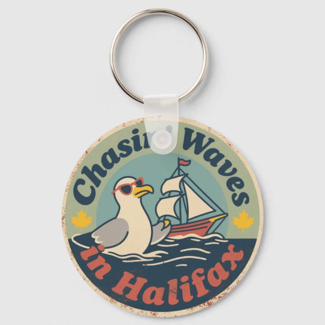 Retro Halifax Seagull Waves Key Ring (Front)