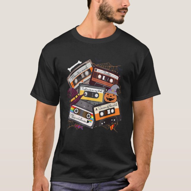 Retro Halloween 90s Music Cassette Tapes Witch Hat T-Shirt (Front)