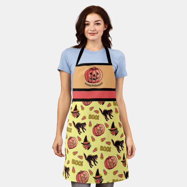 Retro Halloween Apron with Cat Witch and Pumpkin (Worn)