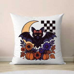 Retro Halloween Bat With Moon Gothic Aesthetic Cushion