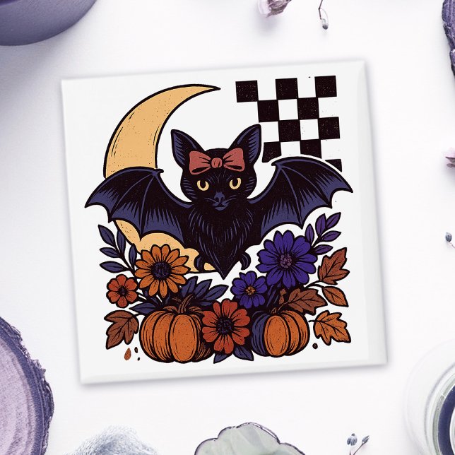 Retro Halloween Bat With Moon Gothic Aesthetic Magnet (This retro Halloween bat design captures spooky charm with a gothic twist.)