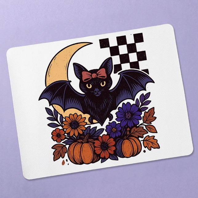 Retro Halloween Bat With Moon Gothic Aesthetic Mouse Mat (This retro Halloween bat design captures spooky charm with a gothic twist.)