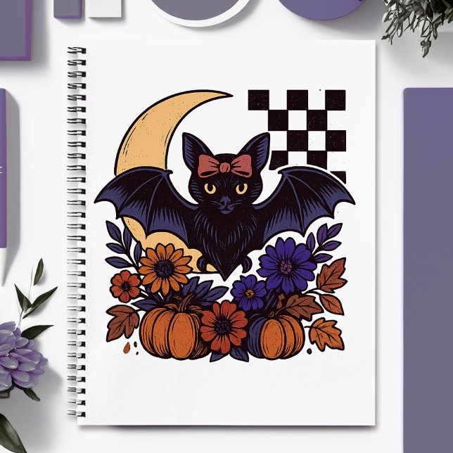 Retro Halloween Bat With Moon Gothic Aesthetic Notebook (This retro Halloween bat design captures spooky charm with a gothic twist.)