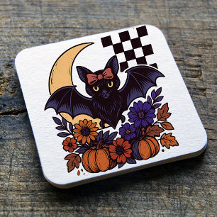 Retro Halloween Bat With Moon Gothic Aesthetic Square Paper Coaster