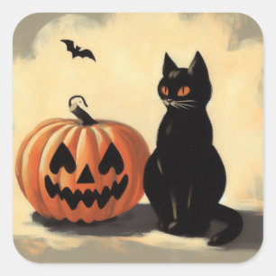 Retro Halloween Black Cat and Pumpkin Square Sticker