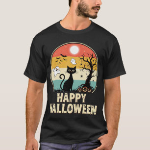 Retro Halloween Black Cat Ghost Moon T-Shirt