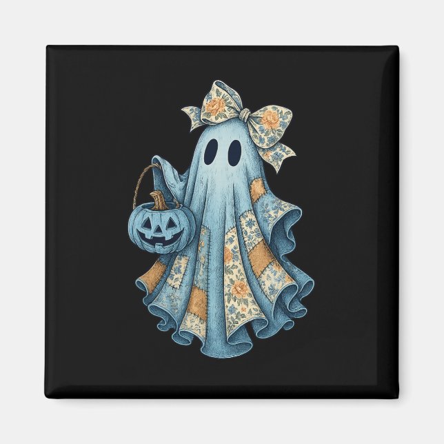 Retro Halloween Blue Denim Ghost Fall Pumpkin Spoo Magnet (Front)