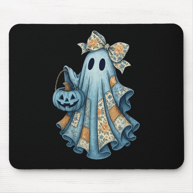 Retro Halloween Blue Denim Ghost Fall Pumpkin Spoo Mouse Mat (Front)