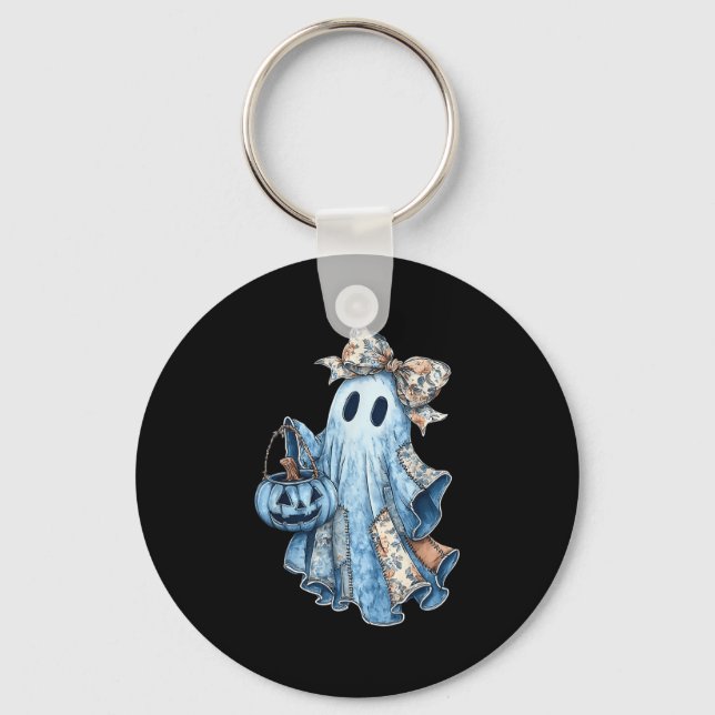 Retro Halloween Blue Denim Ghost Floral Patchwork  Key Ring (Front)