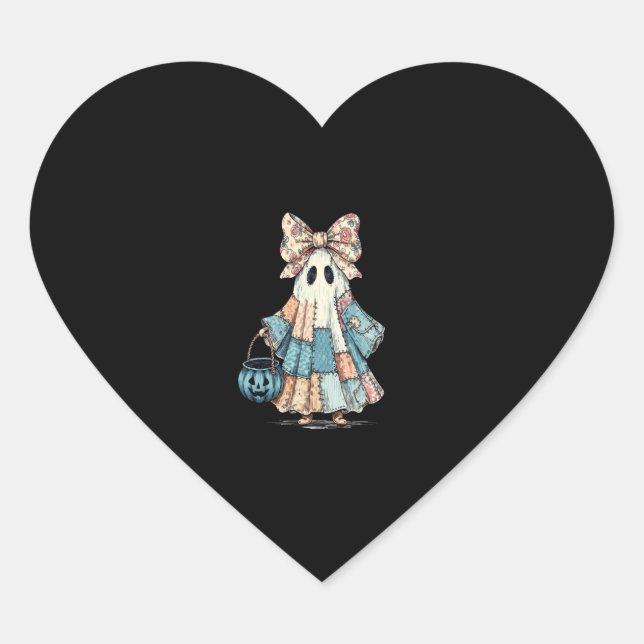 Retro Halloween Blue Denim Ghost Heart Sticker (Front)