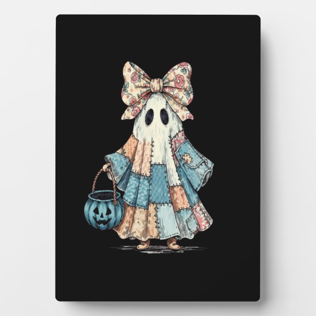 Retro Halloween Blue Denim Ghost Plaque (Front)