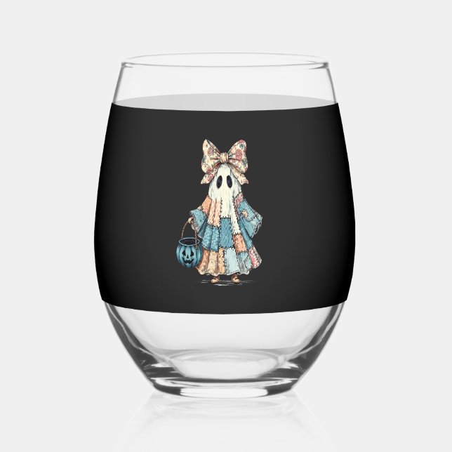 Retro Halloween Blue Denim Ghost Stemless Wine Glass (Front)