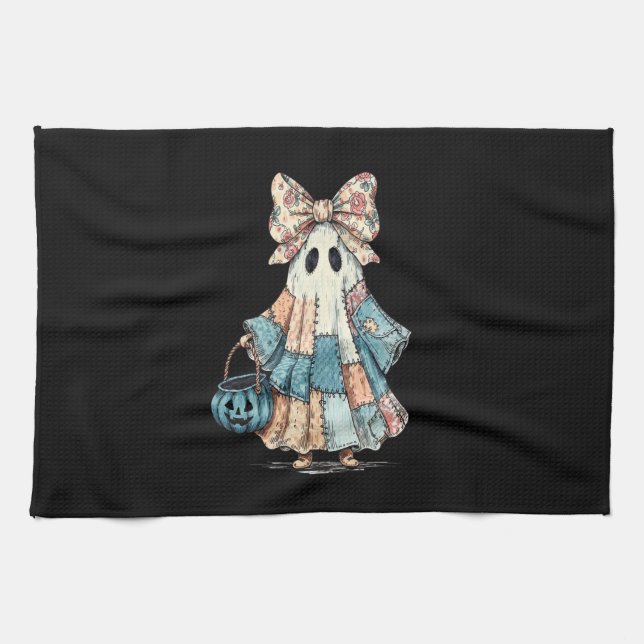 Retro Halloween Blue Denim Ghost Tea Towel (Horizontal)