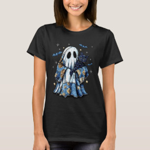Retro Halloween Blue Denim Patchwork Ghost Black C T-Shirt