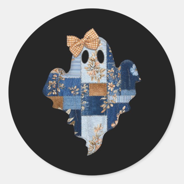 Retro Halloween Blue Denim Patchwork Ghost Boo Coq Classic Round Sticker (Front)