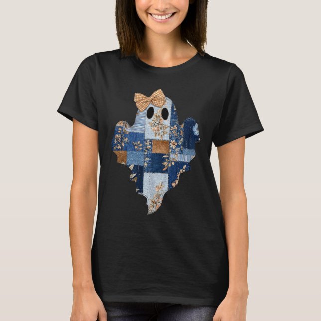 Retro Halloween Blue Denim Patchwork Ghost Boo Coq T-Shirt (Front)