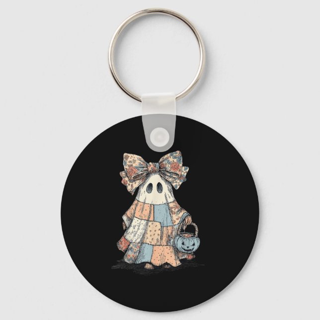 Retro Halloween Blue Denim Patchwork Quilt Ghost S Key Ring (Front)