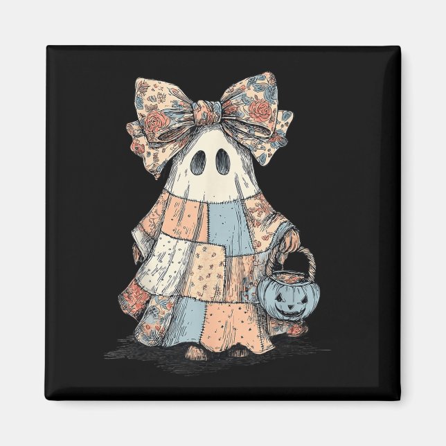 Retro Halloween Blue Denim Patchwork Quilt Ghost S Magnet (Front)