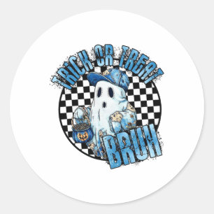 Retro Halloween Blue Denim Patchwork Spooky Ghost Classic Round Sticker