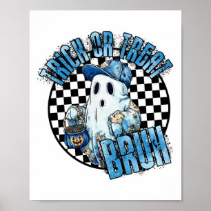 Retro Halloween Blue Denim Patchwork Spooky Ghost  Poster