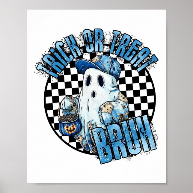 Retro Halloween Blue Denim Patchwork Spooky Ghost  Poster (Front)