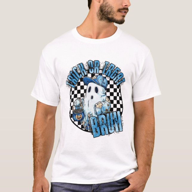 Retro Halloween Blue Denim Patchwork Spooky Ghost  T-Shirt (Front)