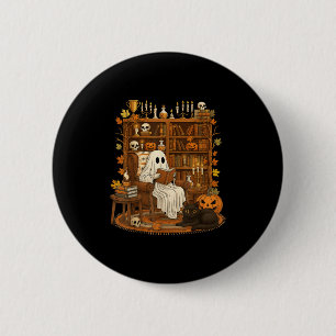Retro Halloween Bookshelf Ghost Reading Book Lover 6 Cm Round Badge